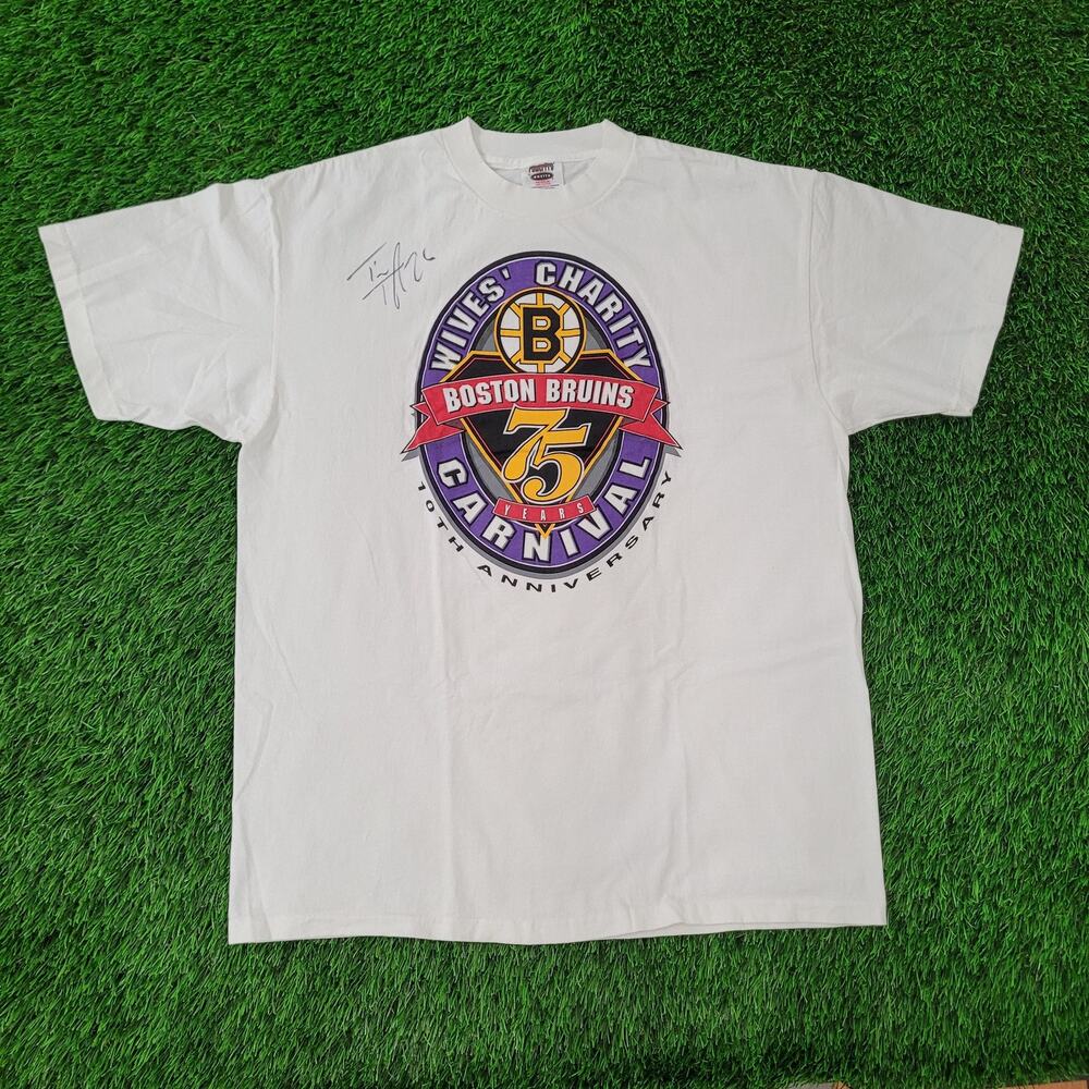 Vintage 90s Boston-Bruins Shirt L/XL 22x28 White Ice-Hockey SIGNED